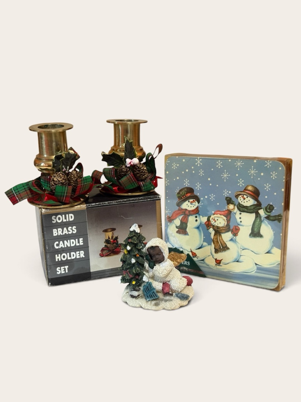 CHRISTMAS HOLIDAY DECOR LOT 3 Pc Vintage Brass Candle Holders Figurine Coasters